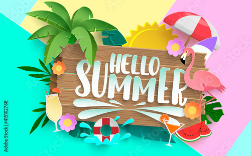 Hello summer vector concept design. Hello summer text with colorful elements like palm tree, leaves, umbrella and flamingo for tropical holiday season background. Vector illustration
