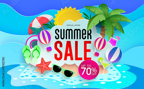 Summer sale vector banner design. Summer sale up to 70% off text in beach island background with tropical season elements for vacation shopping discount advertisement promotion. Vector illustration
