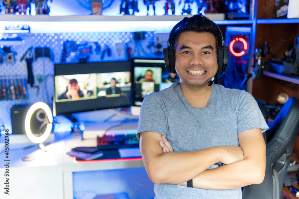 Middle age asian man conference call from home Middle age asian man conference call from home