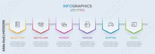 Concept of shopping process with 6 successive steps. Six colorful graphic elements. Timeline design for brochure, presentation, web site. Infographic design layout.