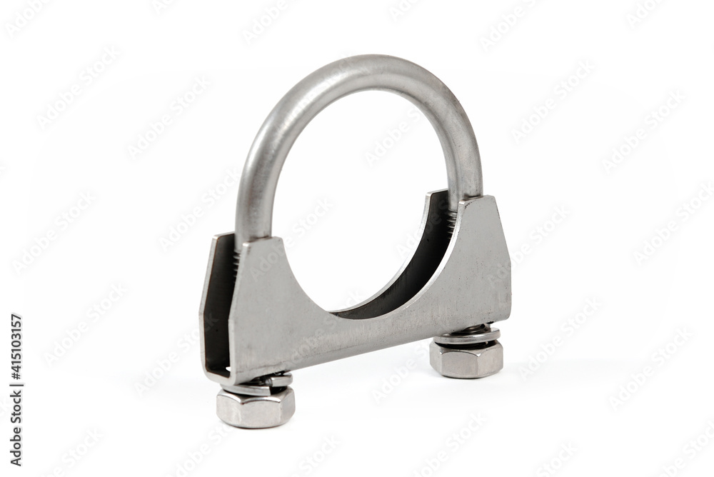 Obraz premium Metal clamp for pipes with screws on white background