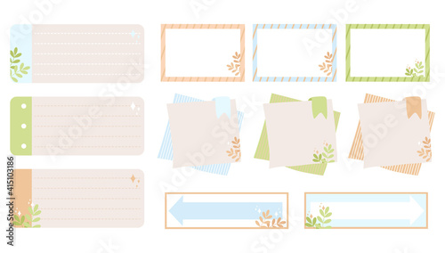 Note sheets, to do list, bookmarks, arrow pointers, spring plant branches, sparkles. Isolate on a white background. Vector, pastel colors, scalable to any size. For stickers, notebooks, albums, paper
