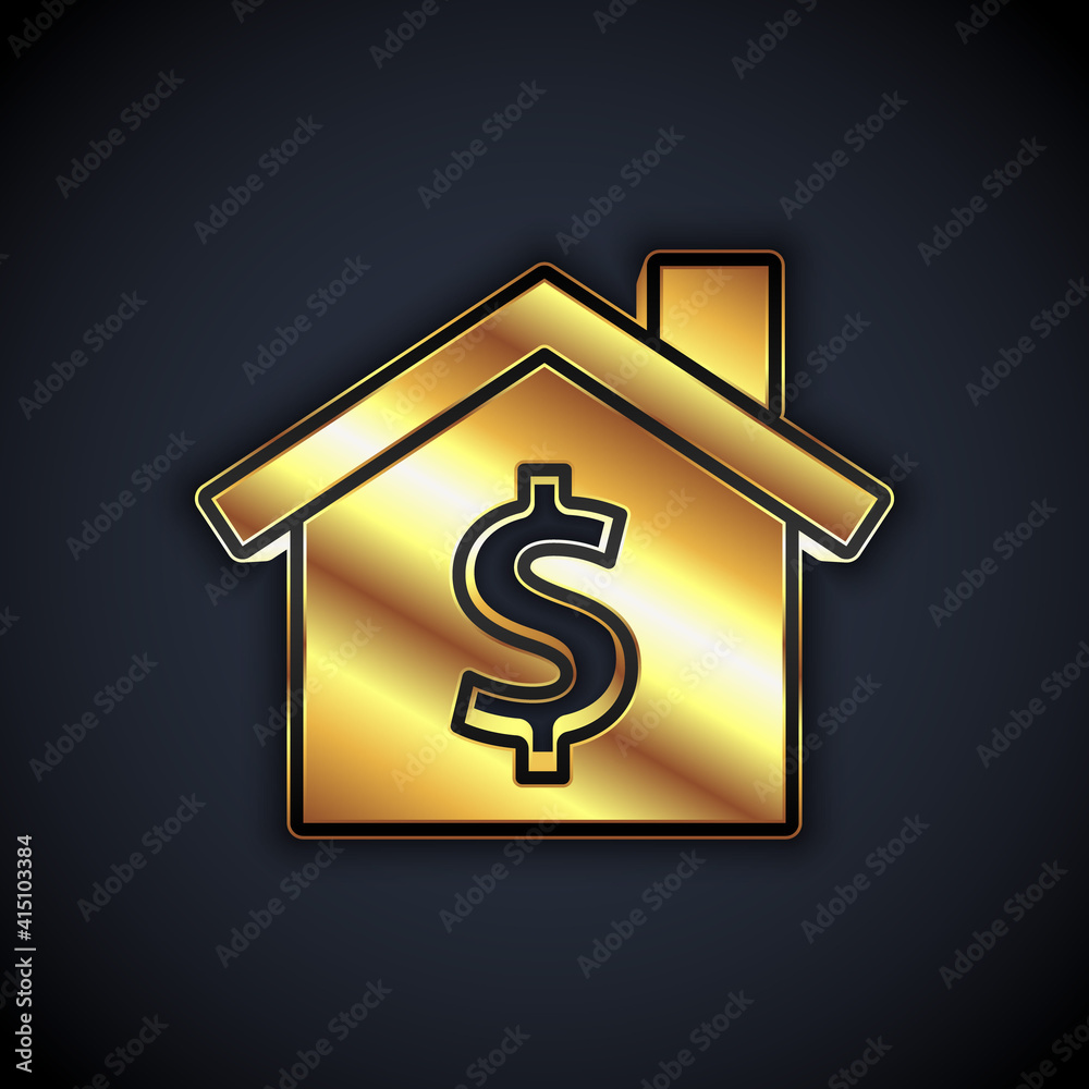 Gold House with dollar symbol icon isolated on black background. Home and money. Real estate concept. Vector. Gold House with dollar symbol icon isolated on black background. Home and money. Real estate concept. Vector.