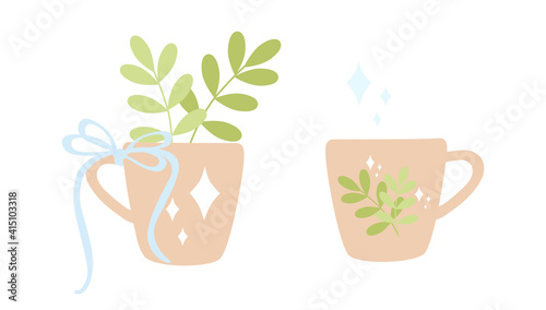 Leaves in a cup with a ribbon bow  spring plant branches  sparkles. Isolate on a white background. Vector  pastel colors  scalable to any size. For stickers  notebooks  albums  covers  logo etc.