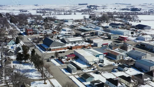 Downtown Small Town in Winter, Drone Aerial View, Neola, Iowa, USA photo