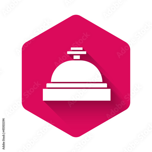 White Hotel service bell icon isolated with long shadow background. Reception bell. Pink hexagon button. Vector.