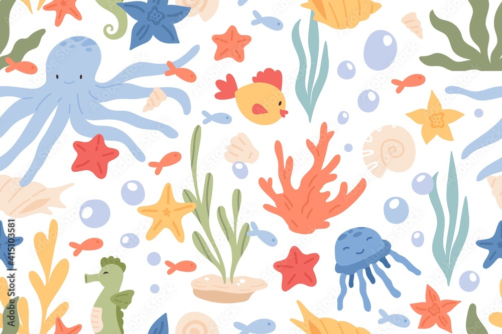 Seamless pattern of underwater life with cute jellyfishes, octopuses, starfishes, corals and shells. Endless texture with ocean creatures and plants. Color flat vector illustration on white background