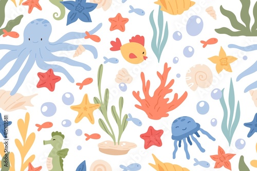 Seamless pattern of underwater life with cute jellyfishes, octopuses, starfishes, corals and shells. Endless texture with ocean creatures and plants. Color flat vector illustration on white background