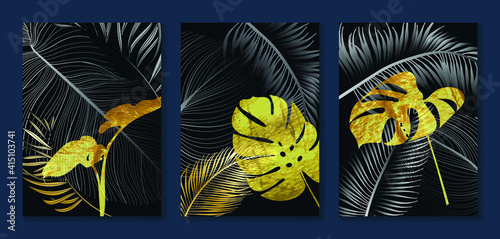 Luxury gold wallpaper.  Black and golden background. Tropical leaves wall art design with dark blue and green color, shiny golden light texture. Modern art mural wallpaper. Vector illustration.