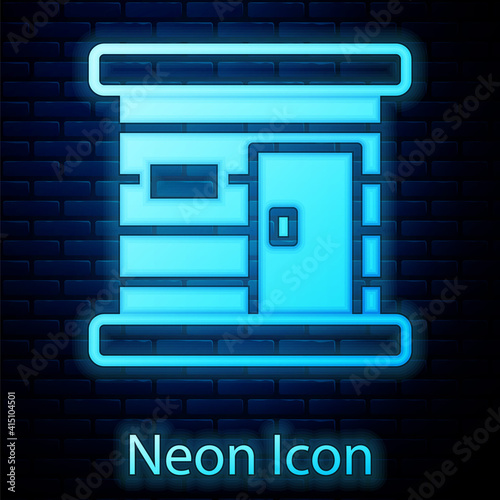 Glowing neon Sauna wooden bathhouse icon isolated on brick wall background. Heat spa relaxation therapy bath and hot steam healthcare, relax therapy. Vector.