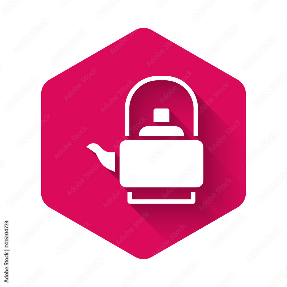 White Kettle with handle icon isolated with long shadow background. Teapot icon. Pink hexagon button. Vector. White Kettle with handle icon isolated with long shadow background. Teapot icon. Pink hexagon button. Vector.