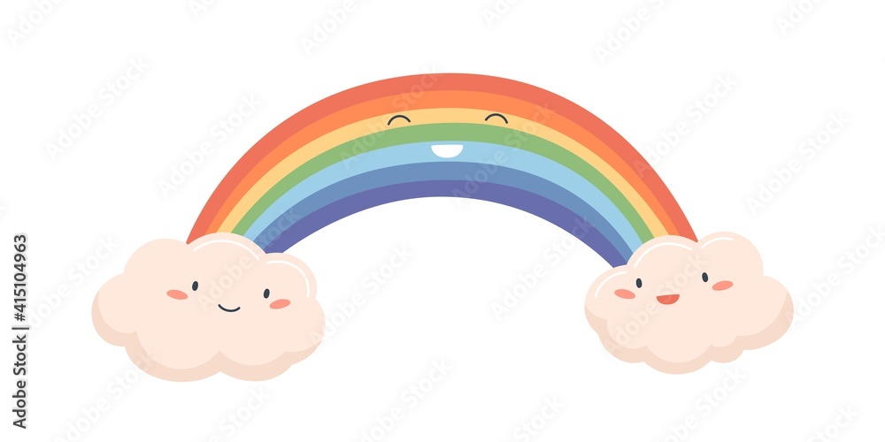 Colorful cute rainbow between two smiling clouds after rain. Funny kids characters with happy faces isolated on white background. Colored vector illustration in flat cartoon style