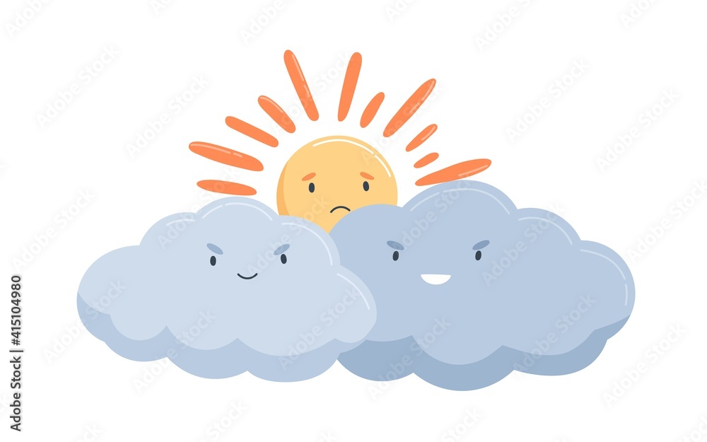 Sad sun hiding behind clouds with evil smiles. Cloudy weather forecast. Cute baby characters isolated on white background. Childish colored vector illustration in flat cartoon style Sad sun hiding behind clouds with evil smiles. Cloudy weather forecast. Cute baby characters isolated on white background. Childish colored vector illustration in flat cartoon style
