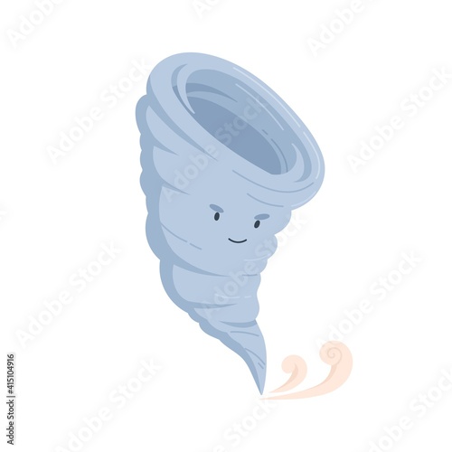 Cute tornado or storm character with frowned and smiling face. Weather icon of evil whirlwind. Funny baby character. Colored childish flat vector illustration isolated on white background