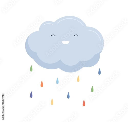 Cute cloud with happy smiling face and falling colorful rain drops. Rainy weather icon with raindrops. Funny baby character. Childish flat colored vector illustration isolated on white background