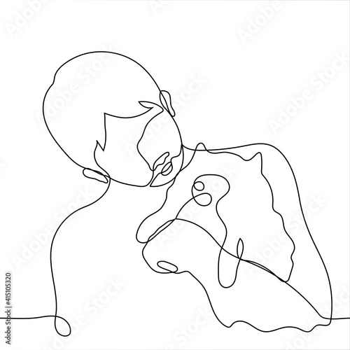dog owner holds his pet in his arms and pulls his lips towards him - one line drawing. dog lover squeezes cute little fluffy dog.