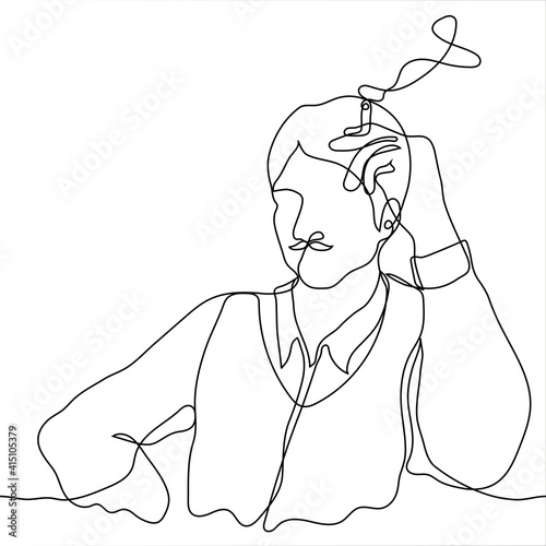 man with a mustache in vintage clothing (shirt, vest) smokes a cigarette - one line drawing. man sits holding a smoking cigarette, he is wearing vintage style clothes and a mustache in handlebar style