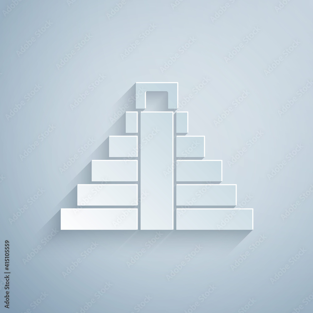 Paper cut Chichen Itza in Mayan icon isolated on grey background. Ancient Mayan pyramid. Famous monument of Mexico. Paper art style. Vector. Paper cut Chichen Itza in Mayan icon isolated on grey background. Ancient Mayan pyramid. Famous monument of Mexico. Paper art style. Vector.