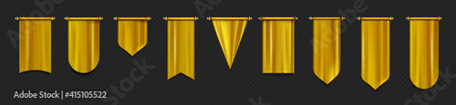 Gold pennant flags mockup, blank hanging golden banners with rounded, concave, pointed and double edges. Medieval heraldic ensign templates. Realistic 3d vector icons set isolated on black background