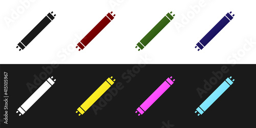 Set Long luminescence fluorescent energy saving lamp icon isolated on black and white background. Vector.