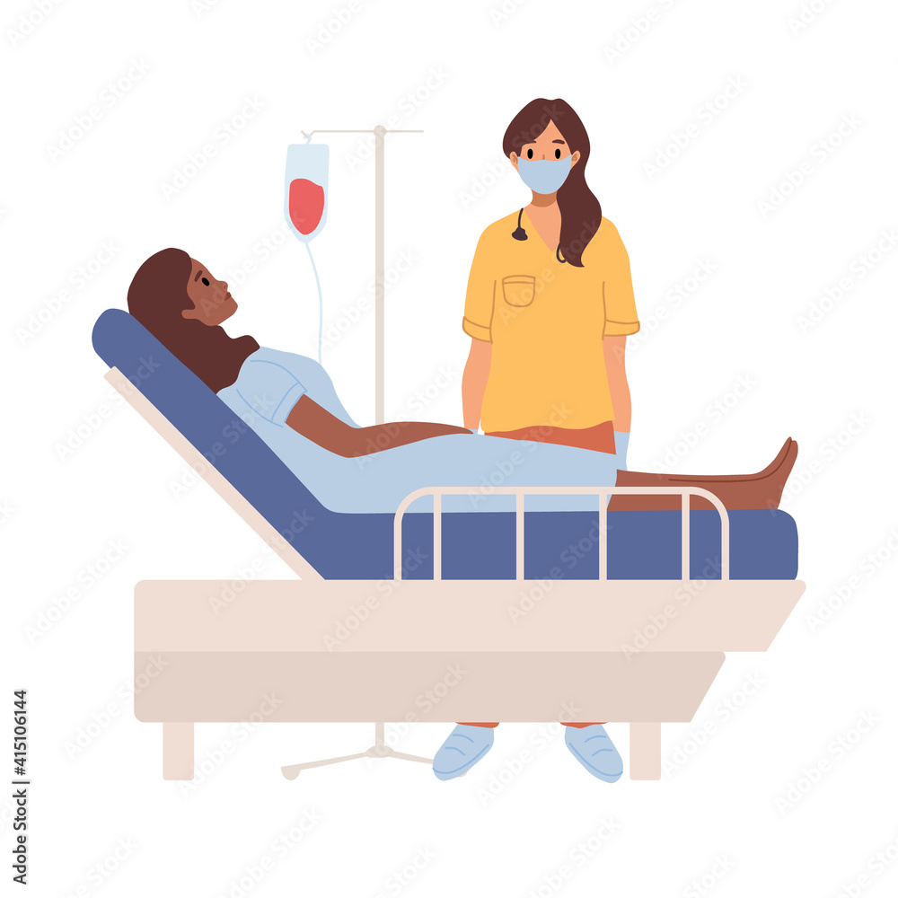 Black skin woman lying in the hospital bed, donate blood with dropper