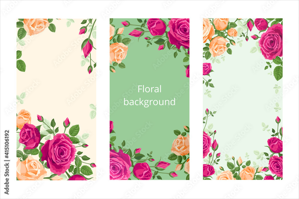 Vertical floral background with roses. Vector illustration for screens, smartphones and social media stories. Banner for fashion marketing, sales. Vignette, frame, border bouquet of pink orange roses.