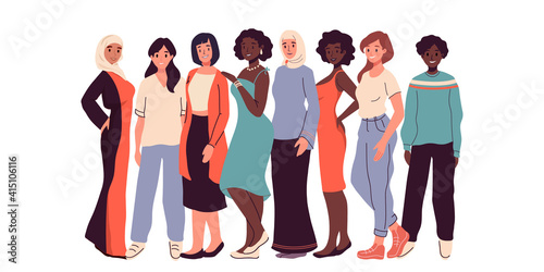 International Women's Day banner, poster, card. Diverse women standing together for feminism, freedom, independence, empowerment, women rights, equality. Women's friendship, sisterhood, activism