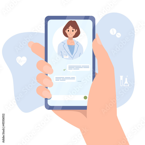 Smartphone screen with female therapist. Chat in messenger and online consultation. Vector flat banner template. Ask doctor. Online medical advise or consultation service, telemedicine, cardiology