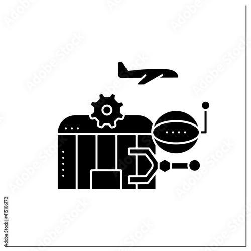 Airport robotization glyph icon. Security robot to patrol airport. Using robotics to make people work easier. Airport new normal. Filled flat sign. Isolated silhouette vector illustration