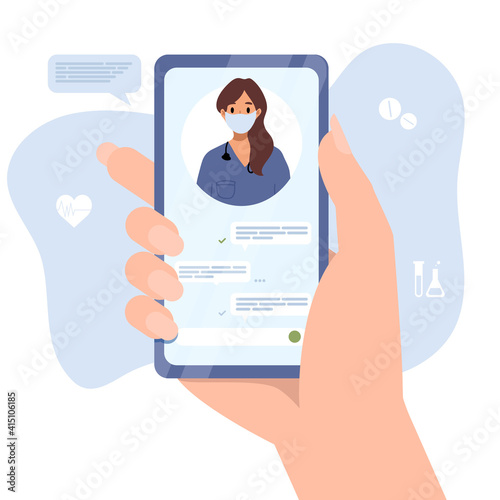 Smartphone screen with female therapist. Chat in messenger and online consultation. Vector flat banner template. Ask doctor. Online medical advise or consultation service, telemedicine, cardiology