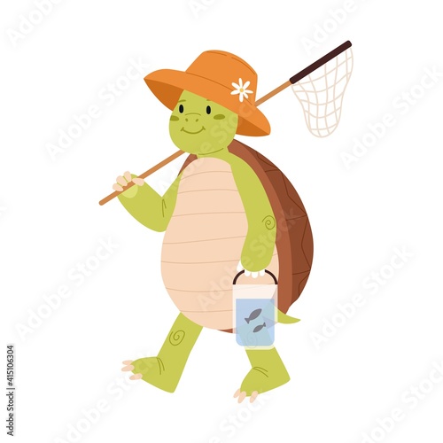 Cute and funny green turtle in summer hat going fishing and carrying landing net. Happy smiling tortoise character walking on back paws isolated on white background. Childish flat vector illustration