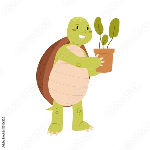 Cute and funny green turtle holding potted plant in hands. Happy smiling tort...