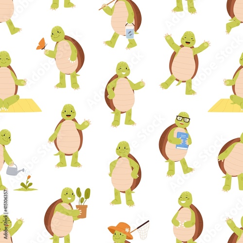 Seamless pattern with cute and funny green turtles. Happy smiling tortoise characters standing on back paws on white background. Kids endless backdrop. Childish colored flat vector illustration