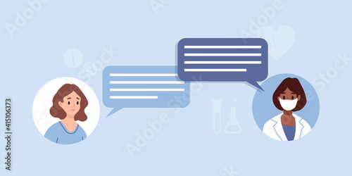 Doctor appointment. Online consultation chat in messenger. Modern healthcare technologies. Young female character talking with female doctor or gynecologist on smartphone screen.