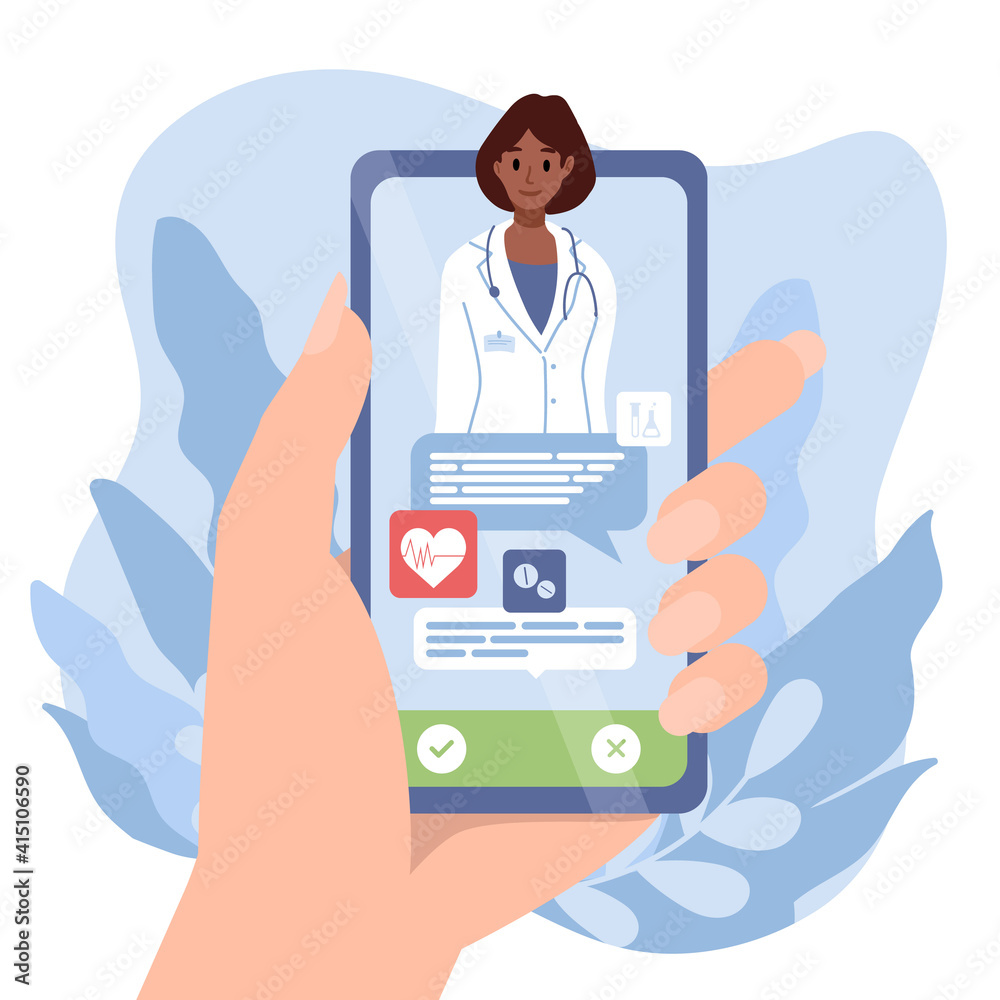 Smartphone screen with female therapist. Video call in messenger, online consultation. Vector flat banner template. Ask doctor. Online medical advise, chat service, telemedicine, cardiology, pharmacy Smartphone screen with female therapist. Video call in messenger, online consultation. Vector flat banner template. Ask doctor. Online medical advise, chat service, telemedicine, cardiology, pharmacy
