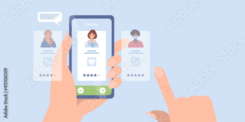 Patient chooses family doctor, doctors team medical staff portraits. Online searching therapist via smartphone. Mobile app to find a specialist, medical insurance, telemedicine. For banner, flyer