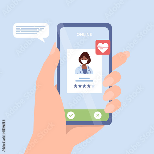 Patient chooses family doctor, doctors team medical staff portraits. Online searching therapist via smartphone. Mobile app to find a specialist, medical insurance, telemedicine. For banner, flyer