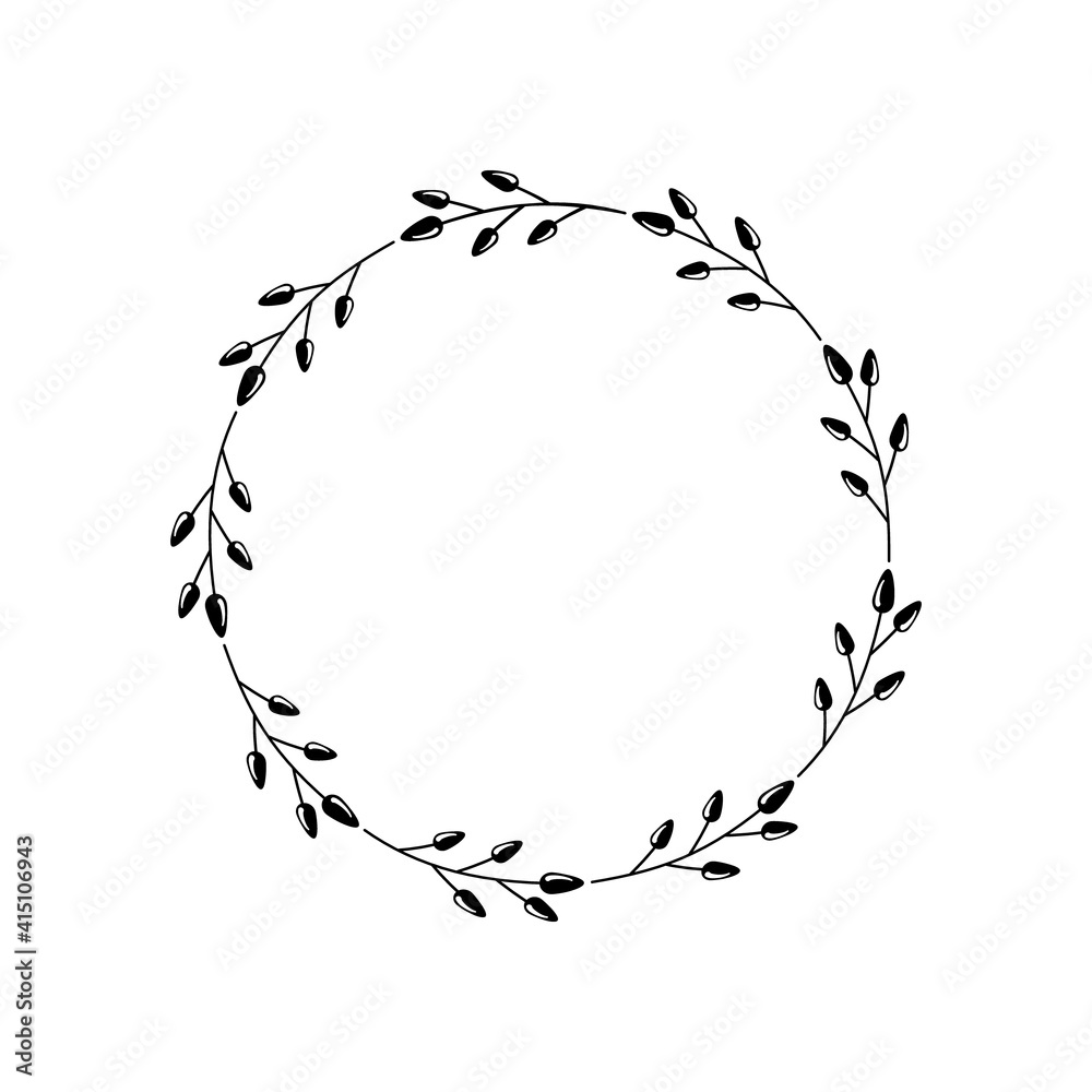 Simple elegant wreath of twigs with berries. Minimalism. Circle with linear branches. Frame. Design template for logo, tags, farmhouse decoration. Vector plant border. Black outline drawing on white Simple elegant wreath of twigs with berries. Minimalism. Circle with linear branches. Frame. Design template for logo, tags, farmhouse decoration. Vector plant border. Black outline drawing on white