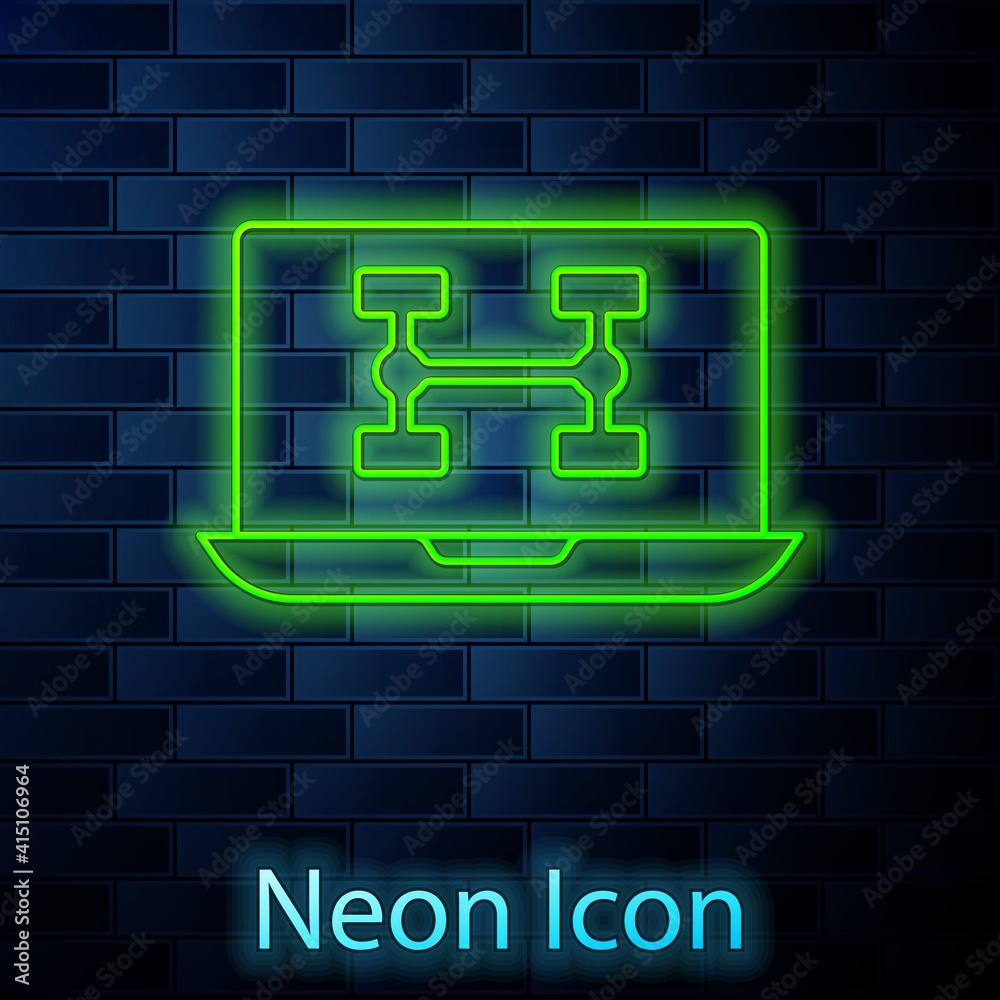 Glowing neon line Hardware diagnostics condition of car icon isolated on brick wall background. Car service and repair parts. Vector. Glowing neon line Hardware diagnostics condition of car icon isolated on brick wall background. Car service and repair parts. Vector.
