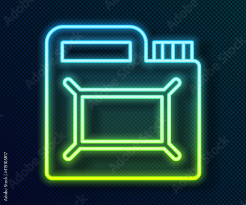 Glowing neon line Canister for motor machine oil icon isolated on black background. Oil gallon. Oil change service and repair. Engine oil sign. Vector.