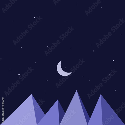 Square Vector Landscape Illustration of Mountain below the Night Sky  Moon  and Stars. Suitable for Minimalist Illustration  Typography Background  and Content Thumbnail Background.