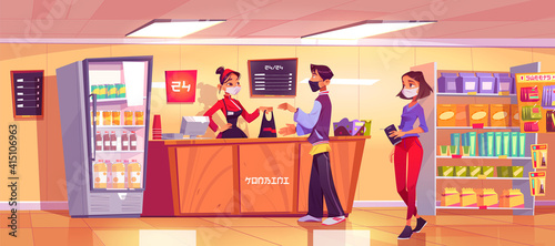 Konbini, convenience store with woman seller at counter and people in queue. Vector cartoon interior of open 24 hours shop, japanese supermarket with cashier and customers in protective face masks