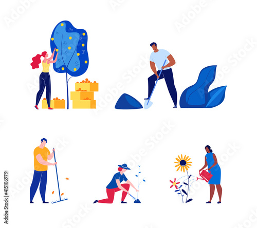 Work in the park, garden, landscape design, planting young trees, landscaping. Vector illustration in flat cartoon style.