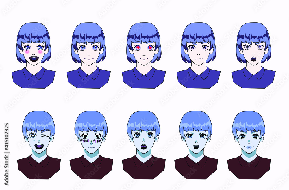 Anime avatar maker with set of different emotions. Cartoon female character template for animation or game design. Anime avatar maker with set of different emotions. Cartoon female character template for animation or game design.