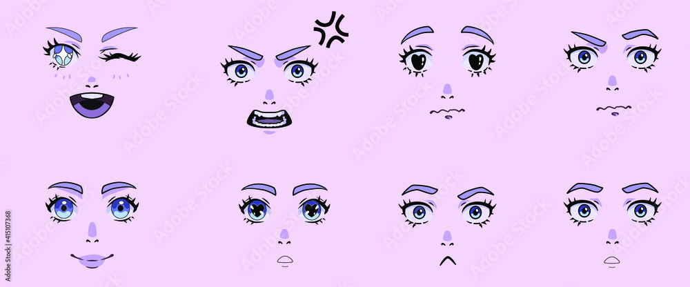 Premium Vector | Anime female characters facial kawaii expressions. manga  woman mouth, eyes and eyebrows vector illustration set. cartoon anime girls  emotions. cartoon face emotion manga comic eyes