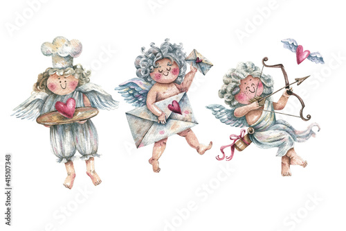 Quadro em tela Cute watercolor cupids characters in vintage style