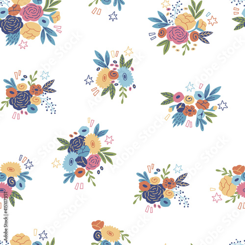 Vector pattern in doodle style with flowers and leaves. Hand drawn vector illustration.