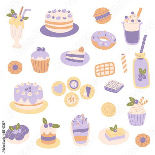 
Hand drawn different sweets set. Muffin, cocktail, macaroon, cupcake and candy on the white background.