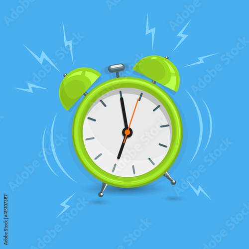 Wake up green alarm clock ringing on a blue background vector icon