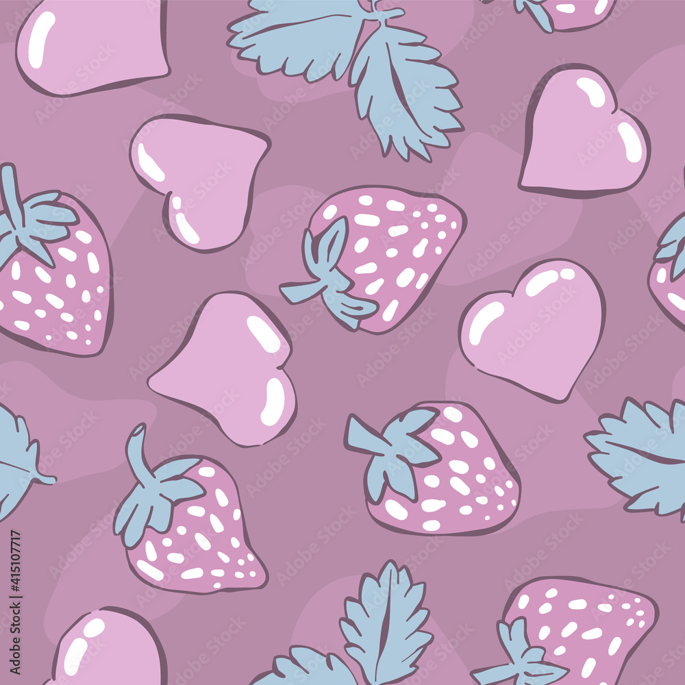 Seamless pattern with cute heart and strawberriess, background for Valentine's Day. Cartoon style. Elements for the design of textiles, cards, t-shirts,wrapping.